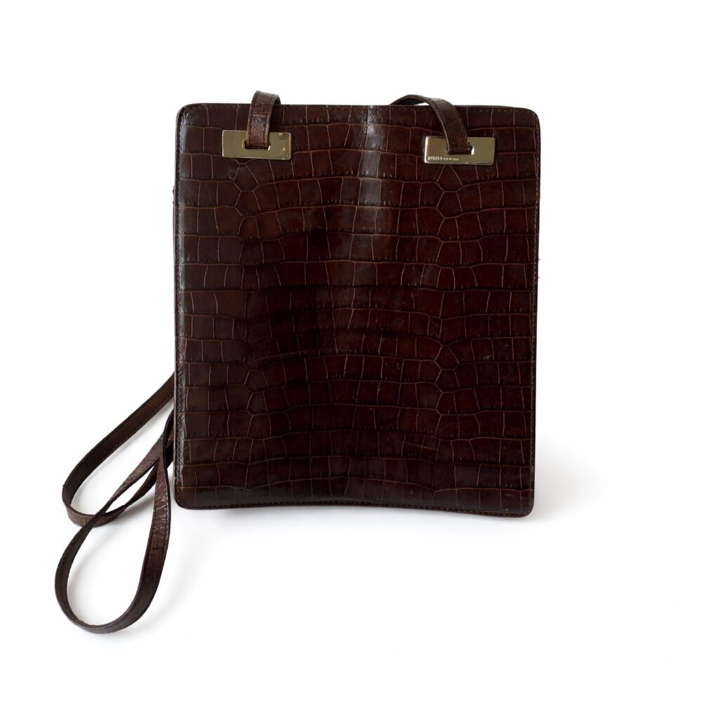 ENZO ANGIOLINI Croc Leather Shoulder Bag Purse Dark Brown Tote Business Work - Picture 2 of 11